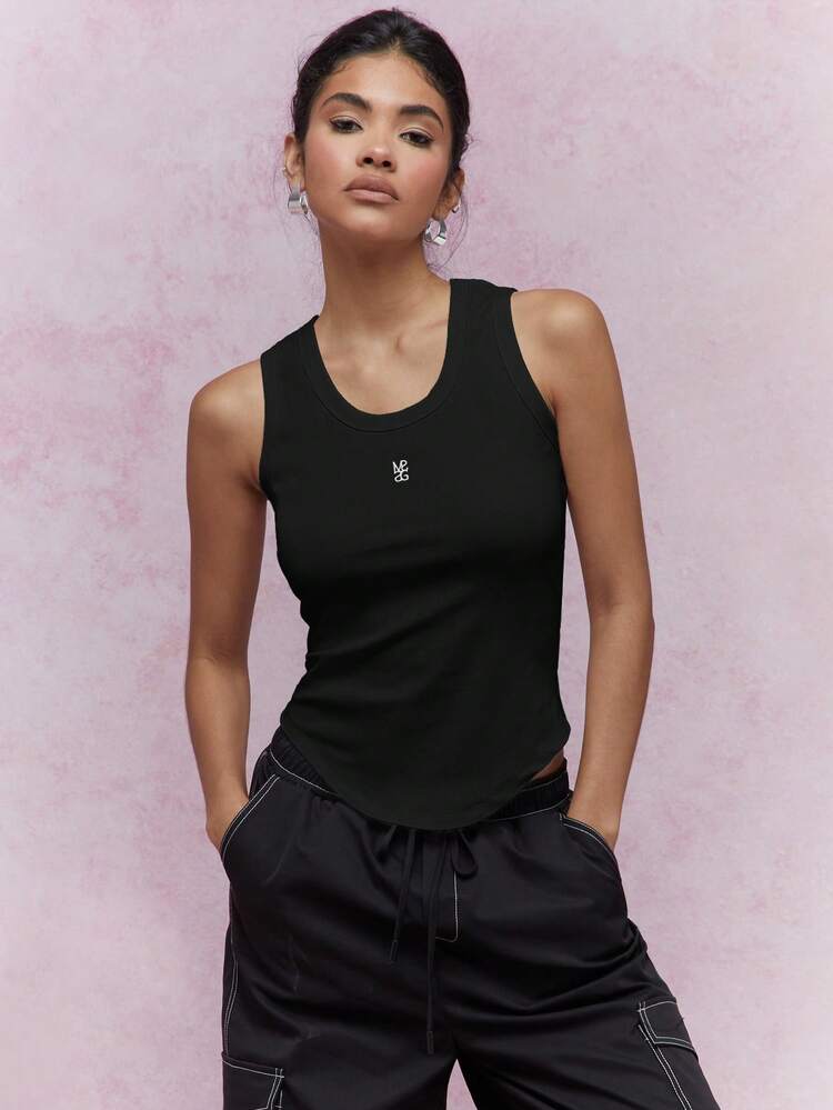 MISSGUIDED Embroidered Logo Ribbed Curved Hem Tank Top
