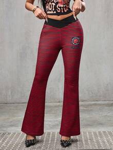 SHEIN HOT STUFF Women's Fashion Casual Red Striped Letter Graphic Flare Leg Leggings Jogging Summer - Black - View 3