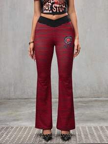 SHEIN HOT STUFF Women's Fashion Casual Red Striped Letter Graphic Flare Leg Leggings Jogging Summer - Black - View 4