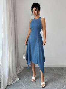 Selianne Women's Sexy Asymmetric Hem Backless Halter Neck Denim Dress, Summer - Medium Wash - View 5