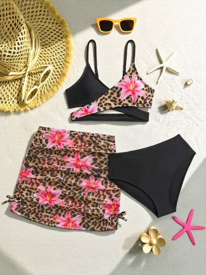 SHEIN 3 pezzi Set bikini con vestito a fantasia leopardata e floreale per ragazze, in tessuto maglia elastico e traspirante, adatto per spiaggia, piscina, mare, surf, vacanze, estate, viaggi
