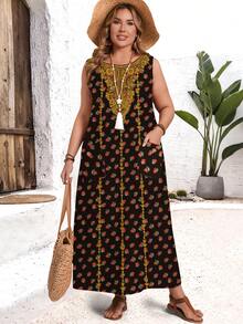 EMERY ROSE 大码无袖玫瑰印花连衣裙，节日印花罩衫，带口袋 - 彩色 - 查看 3