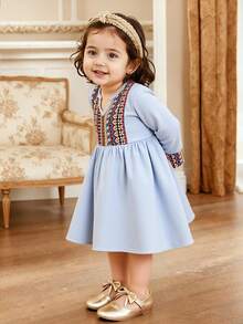 Baby Girls Cute Striped Tassel Long Sleeve Dress, Blue, Spring/Summer - Blue - View 8
