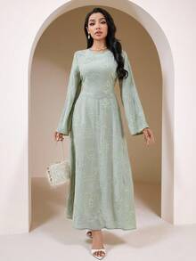 Veilorie Women's Embroidered Round Neck Elegant Long Sleeve Arabic Dress - Green - View 6