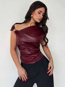 Firerie Women's Elegant Burgundy Polyurethane Batwing Cap Sleeve Ruched Asymmetrical Neck Regular Top - Burgundy - View 8