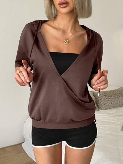 Slayform Women's Sexy Hooded Criss-Cross Hollow Out Loose Casual Sports Pullover Sweatshirt, Suitable For Daily Wear And Running Criss Cross Top Blouse Gym Brown Workout Top Loose Workout Top