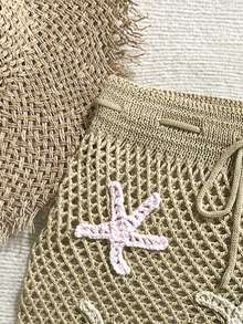 Soleia 女士性感沙滩度假风海星钩编抽绳腰比基尼泳裤 - 卡其色 - 查看 6