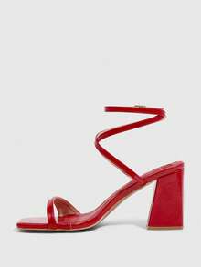CUCCOO SZL Women Shoes Red PU Ankle Strap Daily Basic Commuter Strap Square Toe Thick Heel Sandals Prom Heels Summer Shoes - Red - View 4