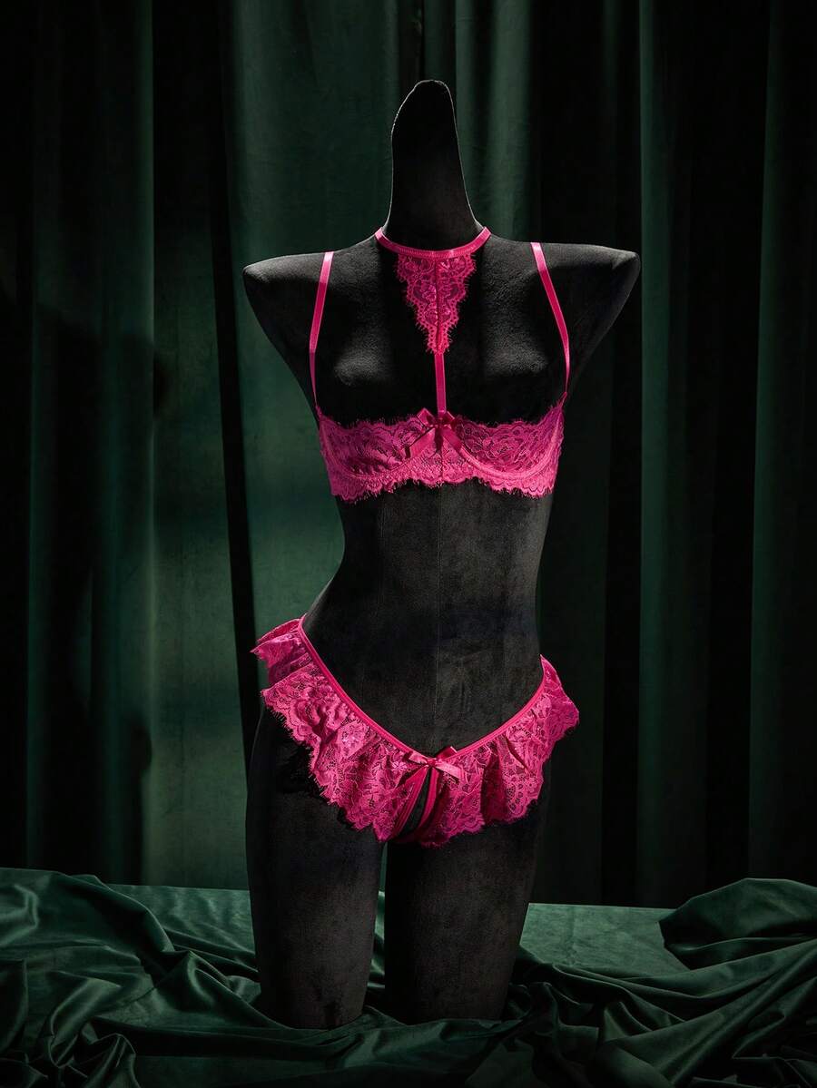 SpicyHot 2pcs/Set Women's Sexy Lace Trim Lingerie Set, Rose Red - Hot Pink - View 1