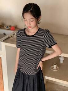 DAZY 少女圆领条纹短袖T恤，秋季款 - 黑與白 - 查看 2