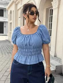 SHEIN ICON Plus Size Solid Color Square Neck Ruched Bust Short Sleeve Denim Blouse - Light Wash - View 5