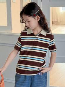 DAZY Tween Girls Collared Striped Short Sleeve Casual T-Shirt, Fall - Brown - View 1