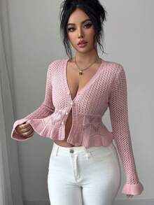 Elenzga Women's Spring/Summer New V-Neck Pink Cute Date Valentine's Day Everyday Versatile Elegant Lady Knit Short Fitted Long Sleeve Cardigan - Pink - View 4