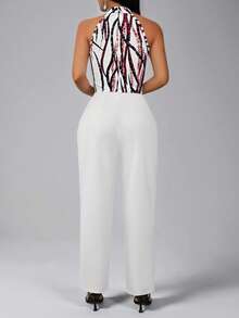 Lyxana Women's Elegant Printed Halter Jumpsuit - White - View 2