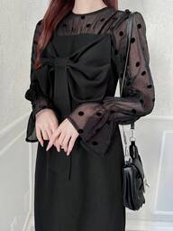 FRIFUL 단색 패치워크 시어 폴카 도트 패브릭 보우 장식 허리 신치드 루즈 캐주얼 드레스