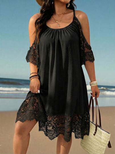 Breezaya Plus Size Contrast Lace Crinkle Fabric Cold-Shoulder Short Sleeve Lace Strap Scoop Neck Hem Lace Casual Vacation Midi Dress