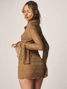 MISSGUIDED 荷叶边蕾丝迷你裙，内置衬里，高腰修身款式，适合春夏场合和派对穿着 - 卡其色 - 查看 5