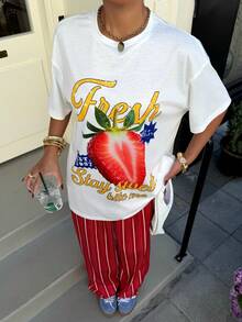 Muchica Women's Letter & Strawberry Print Round Neck Short Sleeve T-Shirt And Striped Pants Casual Suit - Red - View 3