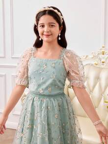 少女花卉刺绣网纱方领泡泡袖时尚派对连衣裙 - 綠色 - 查看 4
