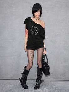 ROMWE Grunge Punk Áo thun dáng rộng, thiết kế đinh tán hình chữ thập phong cách Y2K Punk, cắt laser, màu trơn, đa năng. - màu đen - Xem 8