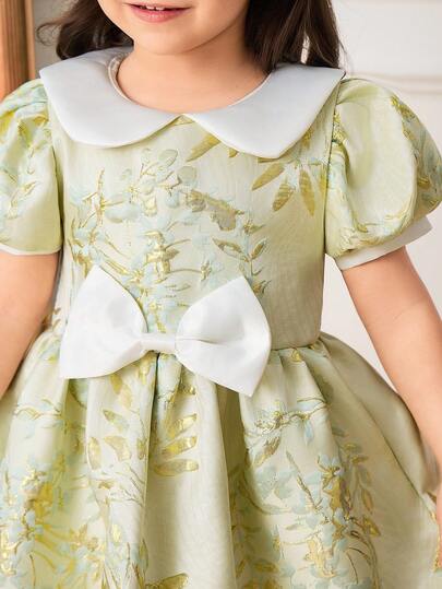 SHEIN Glamorique Kids 女婴优雅泡泡袖圆领收腰可爱蝴蝶结装饰荷叶边连衣裙，浅绿色