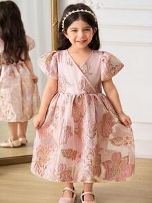 SHEIN Glamorique Kids 女婴优雅泡泡袖收腰花卉提花荷叶边连衣裙，正式场合着装 - 粉色 - 查看 7