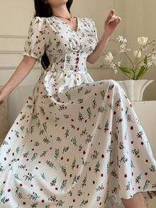 Celisse 女士优雅碎花V领泡泡袖收腰度假连衣裙，夏季 - 彩色 - 查看 4