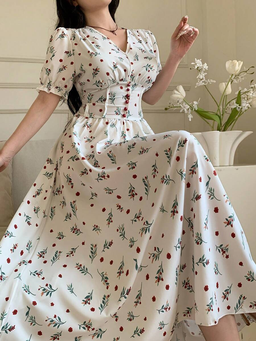 Celisse 女士优雅碎花V领泡泡袖收腰度假连衣裙，夏季 - 彩色 - 查看 1