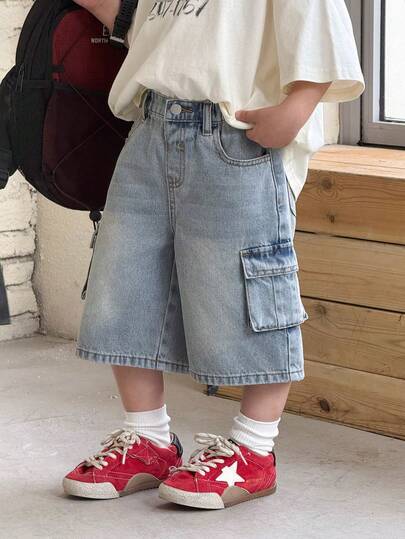 Young Boy New Fashion Distressed Vintage Washed Casual Soft Loose Fit Wide Leg Light Blue Denim Baggy Cargo Capri Jeans Spring Summer,For Spring/Summer Dailywear,Streetwear,Beach,Vacation, Casual, Graphic Jeans,Jeans,4-Year-Old Jeans,Summer Jeans,Casual Jeans