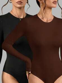 SHEIN Tall 2pcs/Set Women Solid Color Knitted Round Neck Long Sleeve, Casual, Cozy Chic, Slim And Versatile Bodysuit - Multicolor - View 3