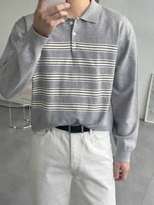 DAZY Men's Striped Gray Polo Neck Sweater, Spring/Autumn - Multicolor - View 4