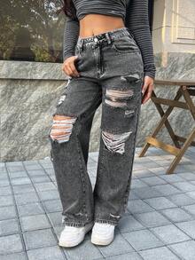 SHEIN PETITE 女士休闲日常通勤时尚街头做旧宽松阔腿牛仔裤 - 黑色 - 查看 6