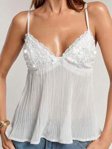 SHEIN BAE 女士蕾丝亮片拼接休闲百搭约会派对吊带背心 - 白色 - 查看 6