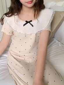 DAZY Áo ngủ tay ngắn cổ bèo nhún in họa tiết chấm bi toàn thân dành cho bé gái tuổi teen. - Màu be - Xem 7
