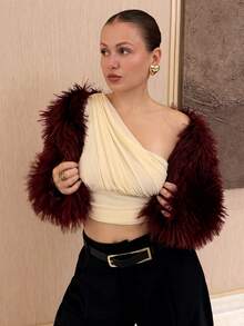 Kuleshova 女士时尚性感短款仿皮草大衣，秋冬新品 - 酒紅色 - 查看 1