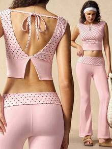 VARSIVA Women's Polka Dot Print Patchwork Backless Cropped Tank Top And Flare Pants Sports Suit - Pink - View 1