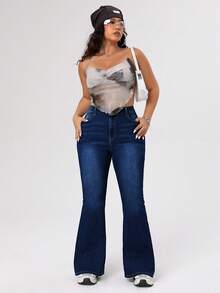 Rivivi Plus Size Casual Washed High Waist Flare Jeans - Blue - View 5