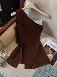GlowEve CURVE Women's Plain Brown Knitted Asymmetrical Neck Ruffle Hem Tank Top Plus Size - Brown - View 2
