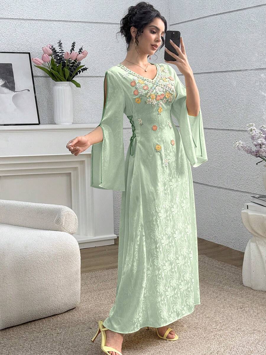 Yasmyna Đầm maxi kiểu Ả Rập màu vàng, cổ chữ V, tay áo loe, đính hoa phía trước, thích hợp cho mùa xuân/hè. - màu xanh lá - Xem 1