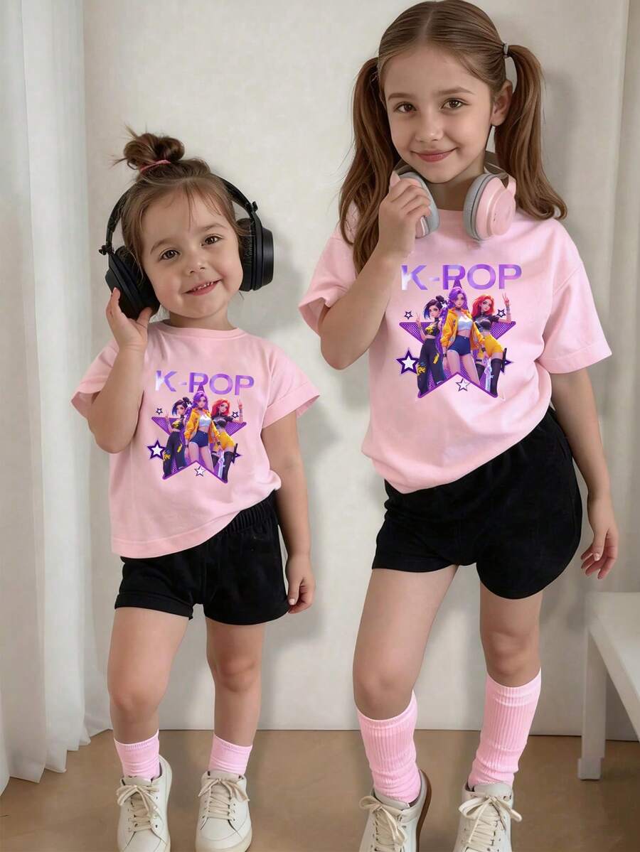 Spring And Summer Young Girls Casual Fashion Creative Personalized Refreshing Cute Simple Cool Virtual Girl Group Plaid Pentagram Star Dot Pattern Letter Slogan Print Casual Basic Short T-Shirt And Shorts Set, Comfortable Daily Wear, Cozy Summer Styles Suitable For Spring And Summer Young Girls