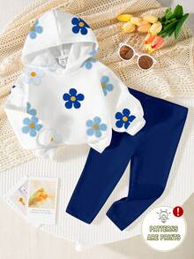 SHEIN Vintaside Kids 两件套女婴休闲可爱印花连帽卫衣和打底裤套装，甜美可爱，适合日常和户外活动穿着，秋冬季 - 彩色 - 查看 1