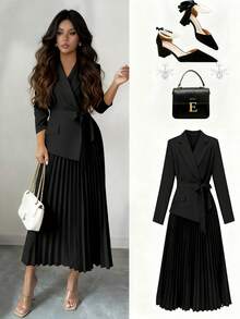 Rafferiza 女士休闲百搭通勤拼接西装领长袖收腰褶裥中长连衣裙，秋冬款