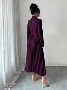 Rafferiza 女士休闲百搭通勤拼接西装领长袖收腰褶裥中长连衣裙，秋冬款 - Red Plum - 查看 2