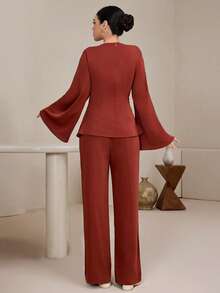 Graceveil 2pcs/Set Women's French Design Pleated Half-Turtleneck Flare Sleeve Set - Redwood - View 2