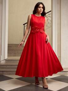 ZEYLAH Sleeveless Linen Dress With 3D Floral Decor, Suitable For Spring/Summer Vacation - Red - View 1