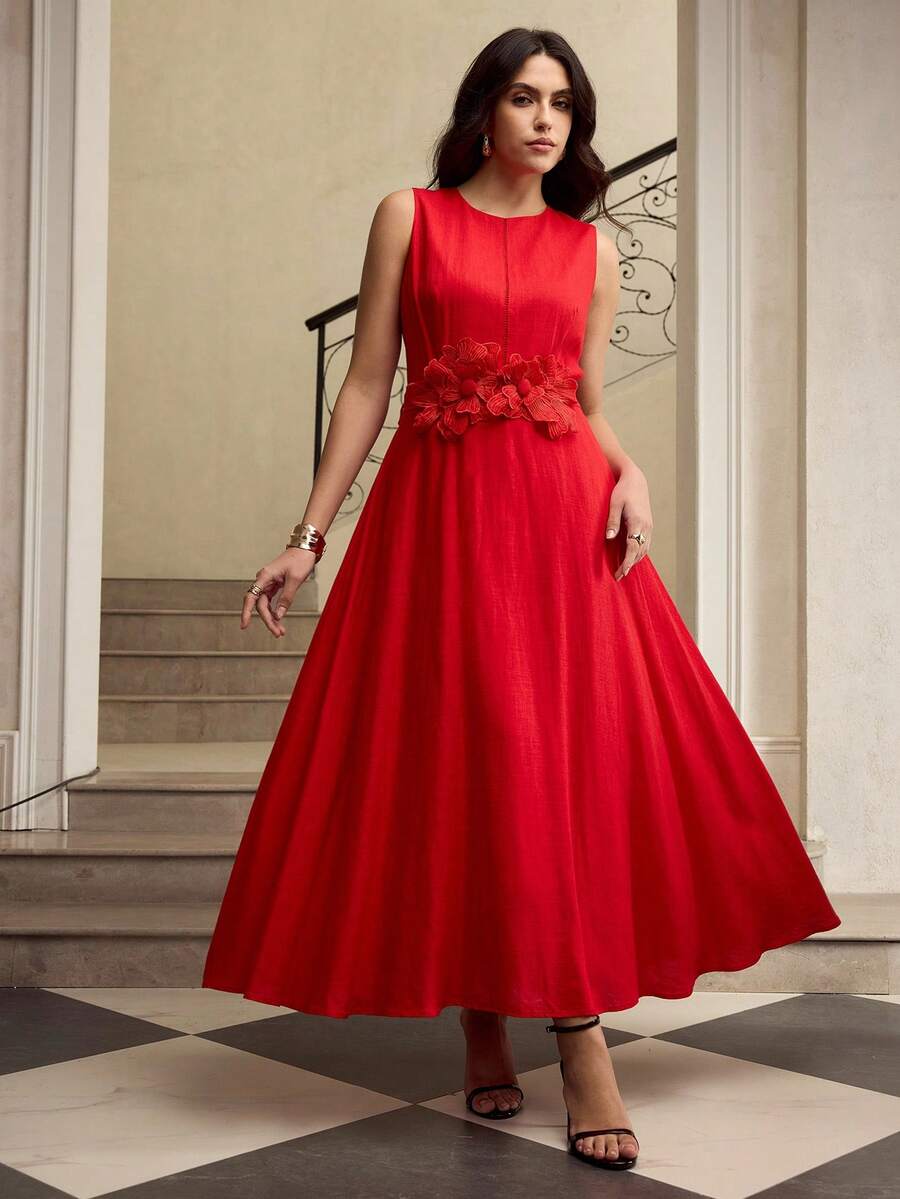 ZEYLAH Sleeveless Linen Dress With 3D Floral Decor, Suitable For Spring/Summer Vacation - Red - View 1