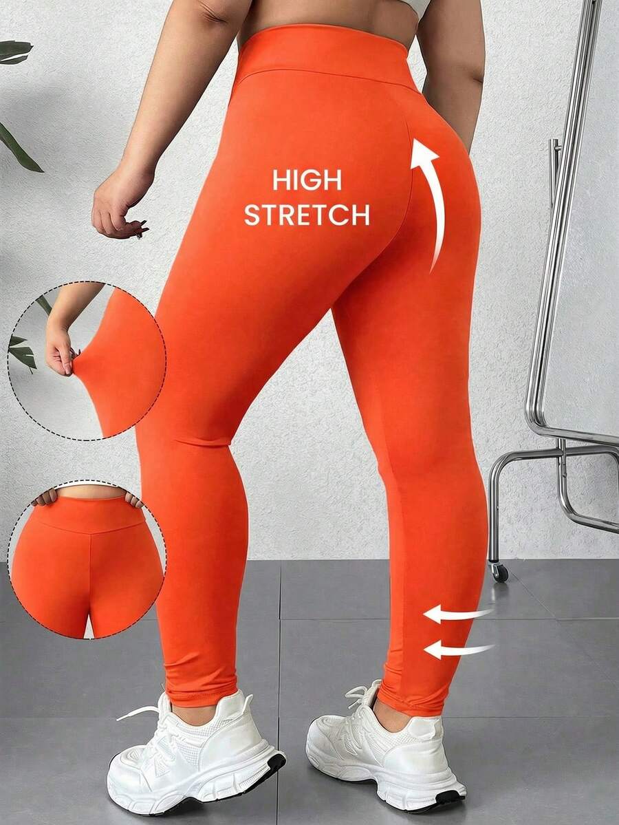 SHEIN EZwear Plus Size Solid Color Elastic High Waist Skinny Leggings - Orange - View 1