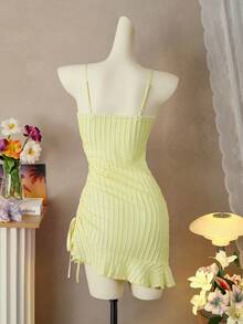 Zolique Women's Pale Yellow Summer Elegant Vacation Dress,Deep V-Neck Drawstring Ruched Waist Floral Trim Sundress,Sweet Japanese Style Mesh Mini Dress - Yellow - View 2