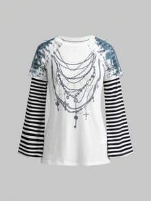ROMWE Avant Punk Style Chain Print Asymmetrical Hem Long Sleeve T-Shirt Top - Multicolor - View 1