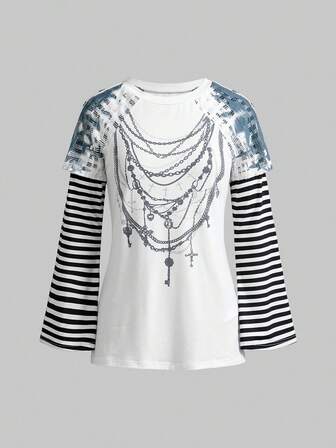 ROMWE Avant T-shirt à manches longues avec imprimé chaîne et ourlet asymétrique, style punk